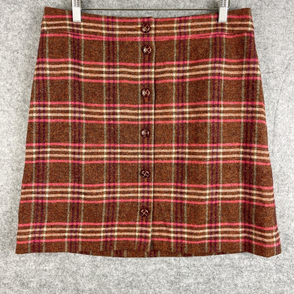 Talbots Skirt Womens 14 Brown Pink Plaid Wool Blend Knee Length Academia Preppy